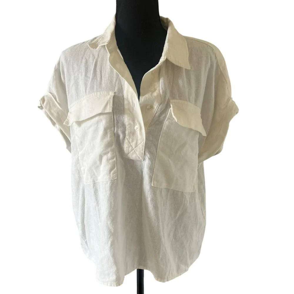 Calvin Klein Womens XL Cream Linen Blend‎ Short Sleeve Utility Henley Blouse Top
